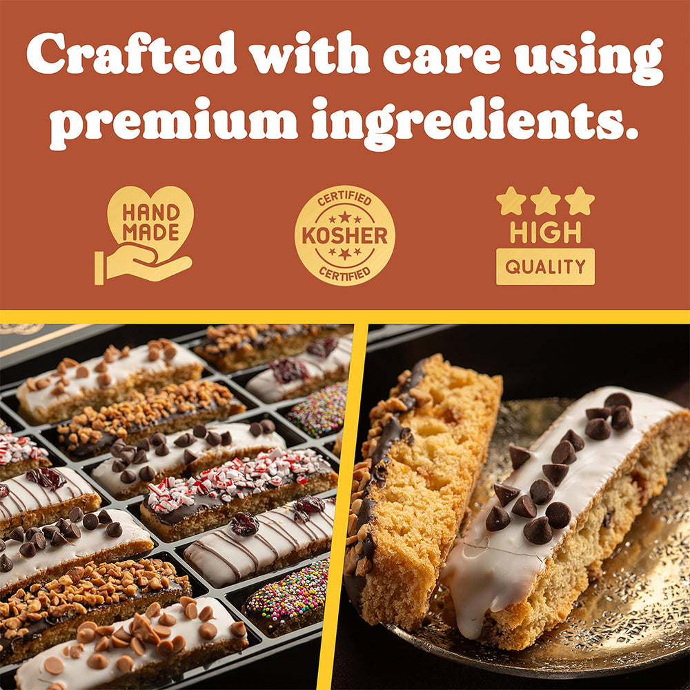 CRUMBS & YUMS gourmet biscotti collection close-up highlighting premium toppings.