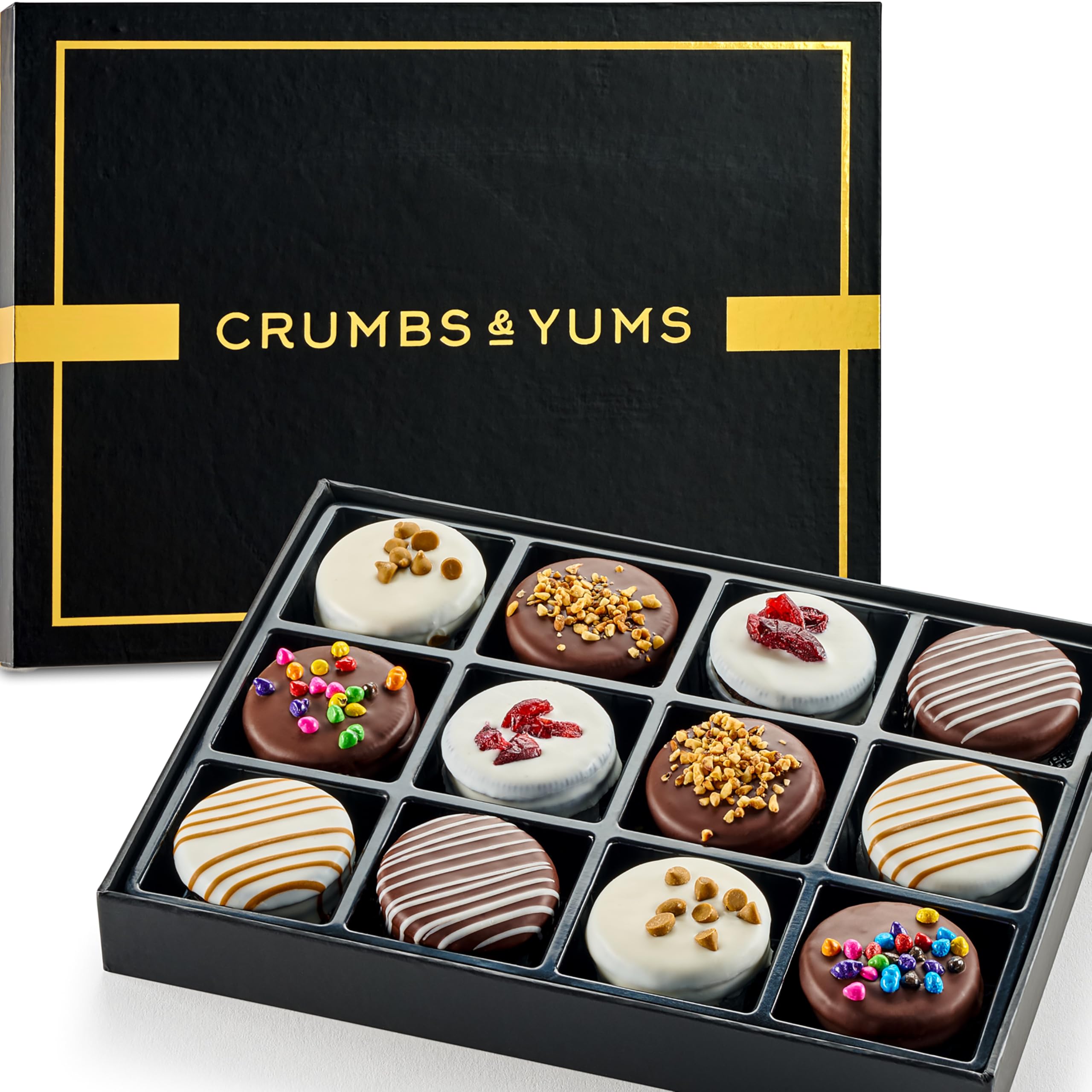 CRUMBS & YUMS holiday cookies gift basket in a black box, ideal for gifting.