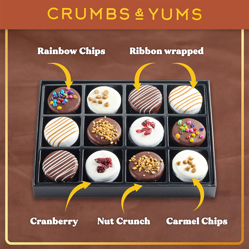 CRUMBS & YUMS nut crunch cookie with a glossy chocolate coating.