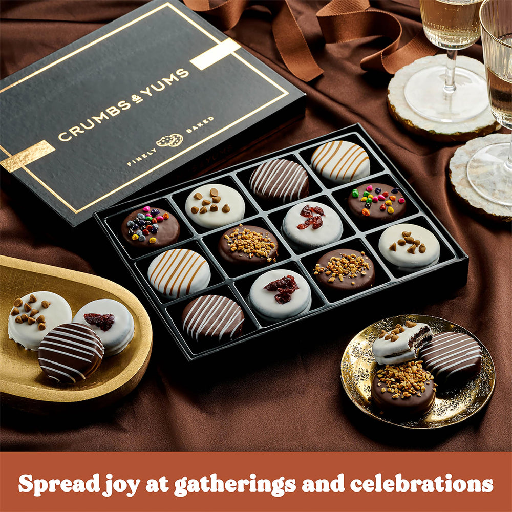 CRUMBS & YUMS ribbon-wrapped chocolate cookie, an elegant gift option.