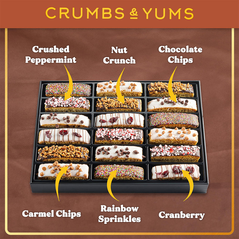 CRUMBS & YUMS six-flavor biscotti display offers variety for entertaining guests.