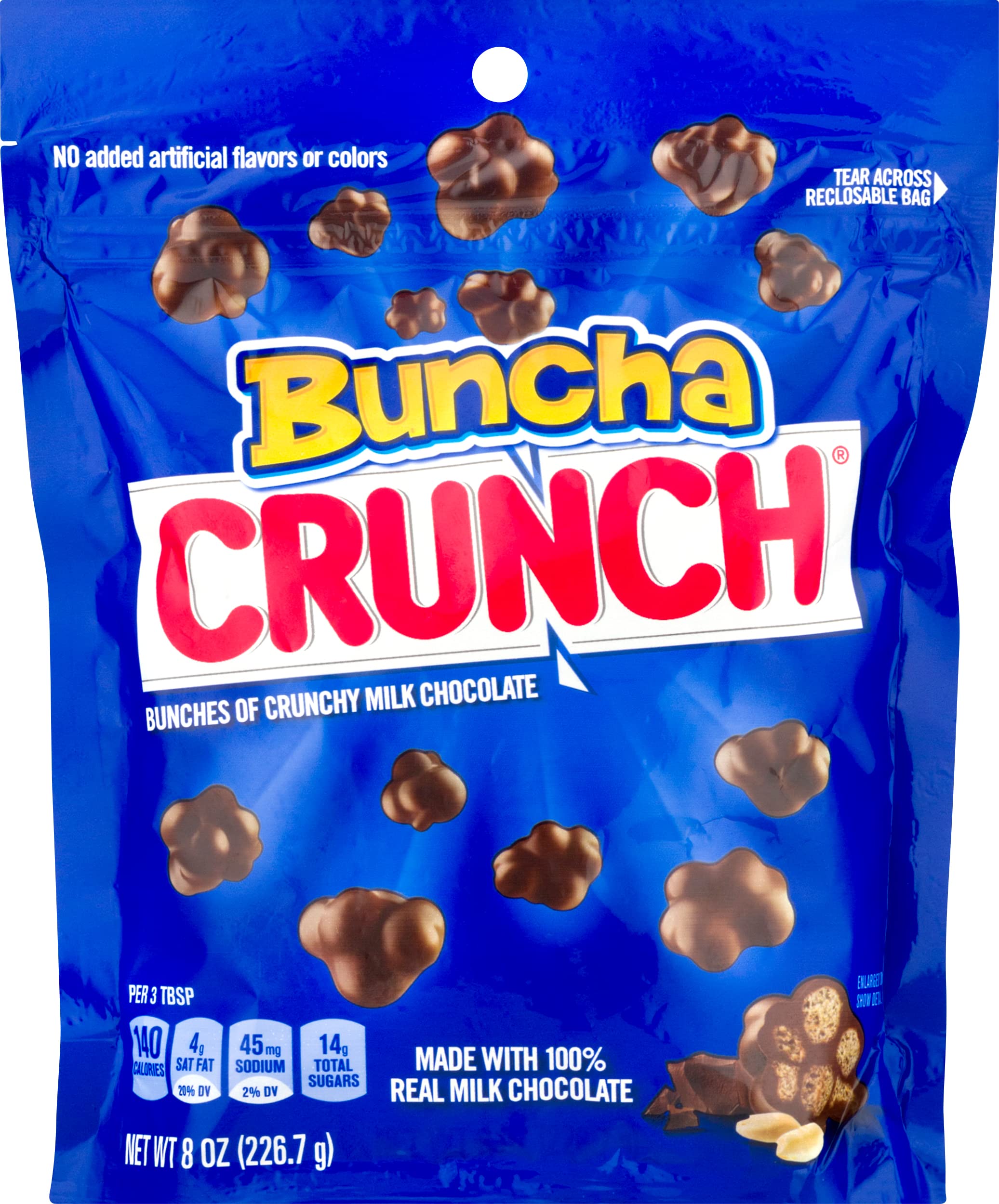 Crunch Buncha Crunch bag front view shows snack-ready milk chocolate bites for on-the-go enjoyment.