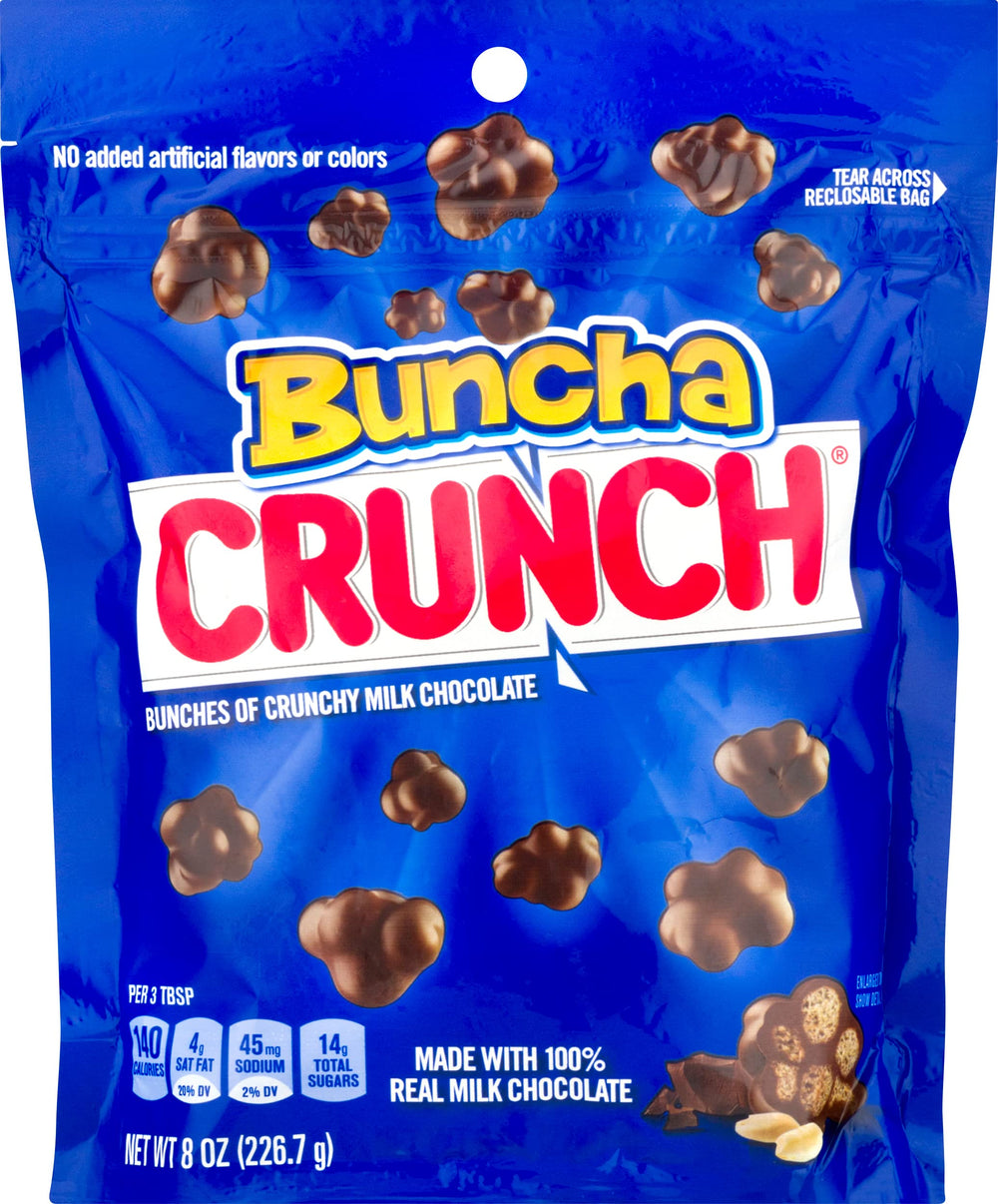 Crunch Buncha Crunch bag front view shows snack-ready milk chocolate bites for on-the-go enjoyment.