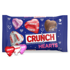 CRUNCH milk chocolate hearts with crisped rice bag front, festive Valentine’s gift idea.