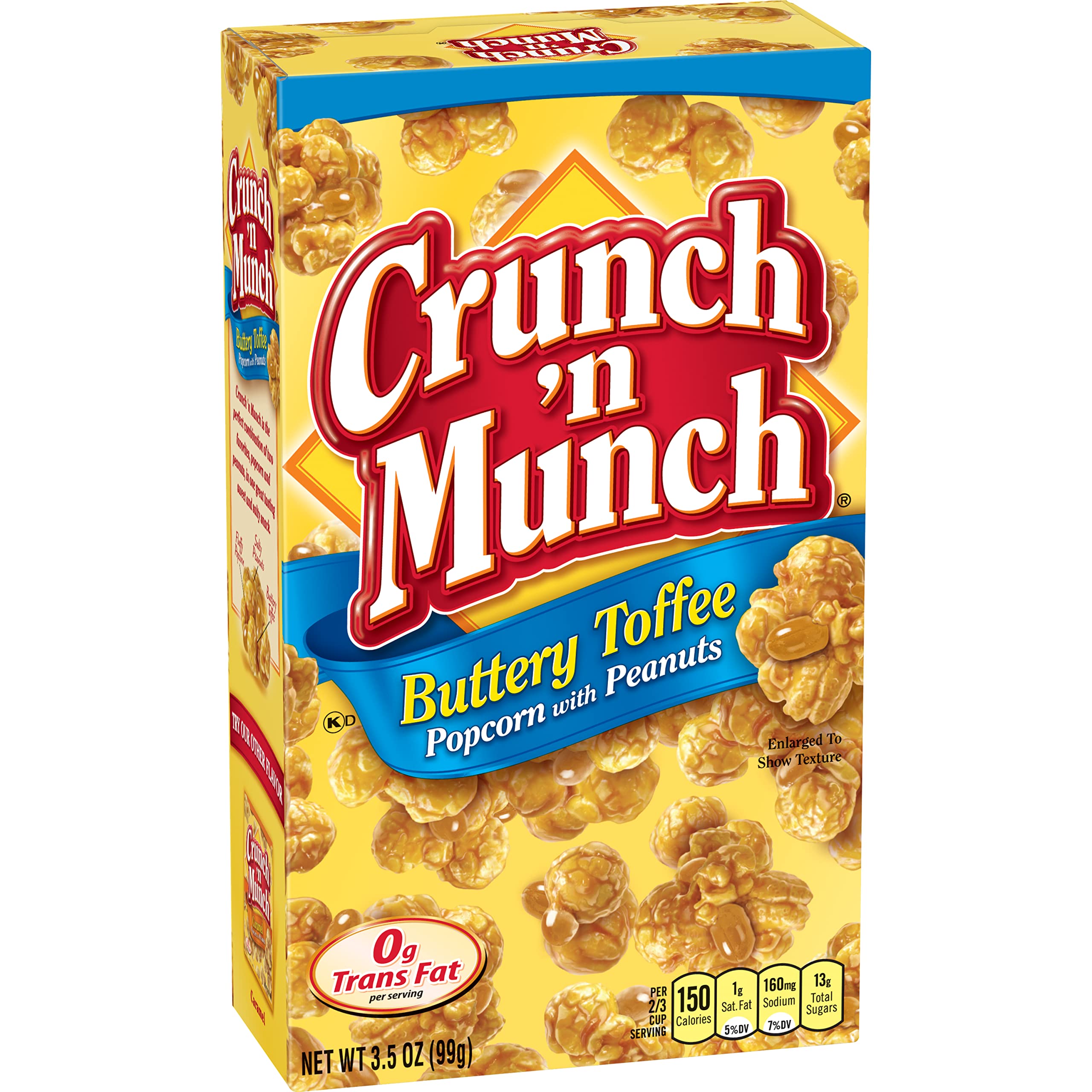 Crunch 'n Munch Buttery Toffee Popcorn with Peanuts close-up; showcases crunchy texture and peanut bits.