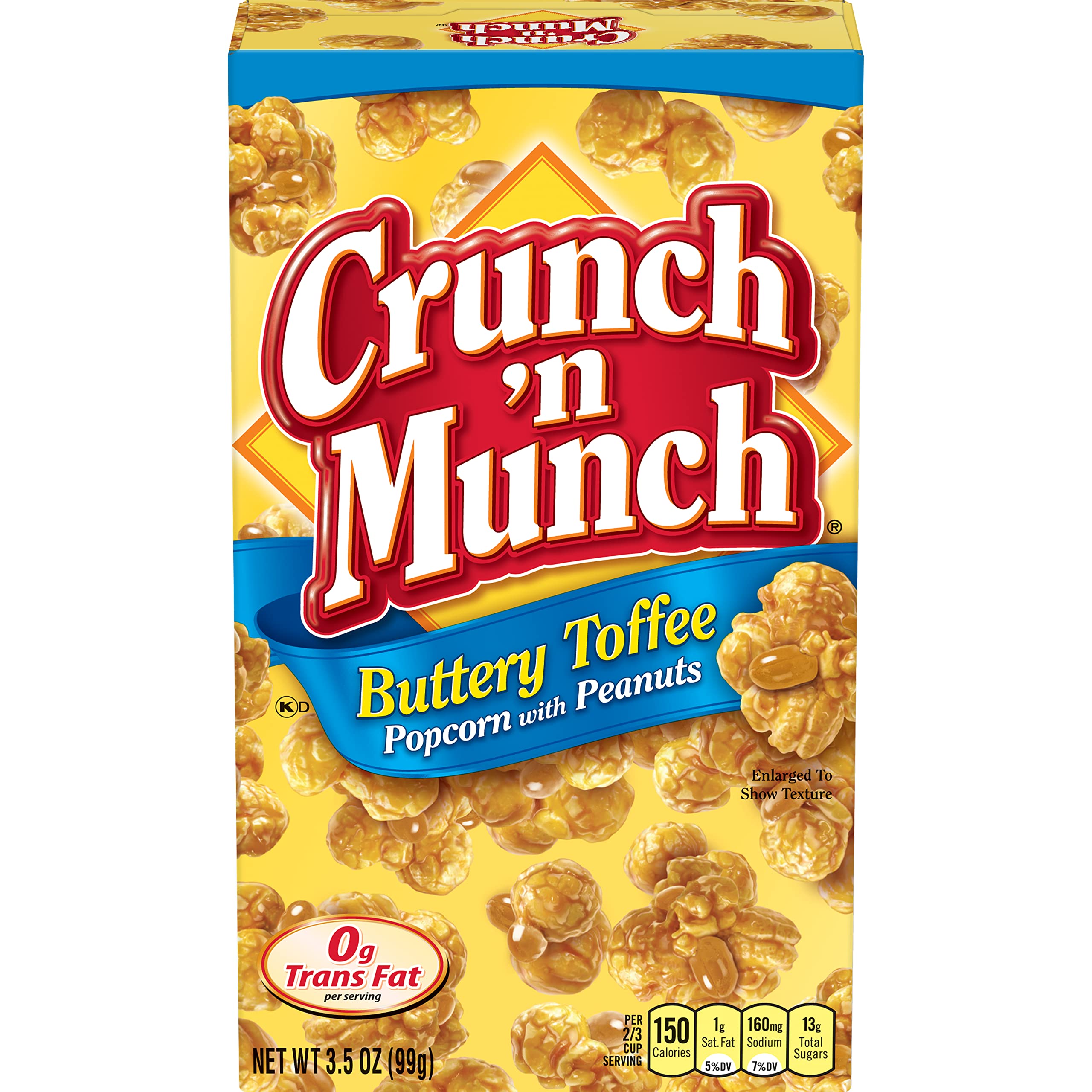 Crunch 'n Munch Buttery Toffee Popcorn with Peanuts pack shot; indulgent flavor and convenient packaging.