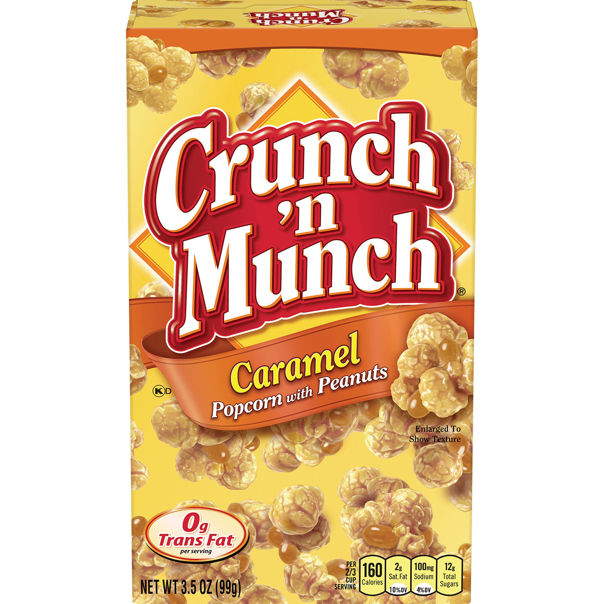 Crunch 'n Munch Caramel Popcorn with Peanuts box front, portable snack for sharing at games.