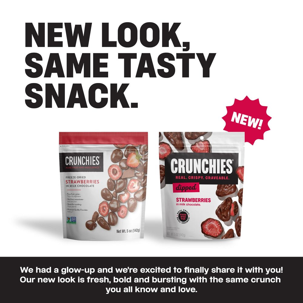 Crunchies strawberries as a desk snack for quick, tasty midday energy.