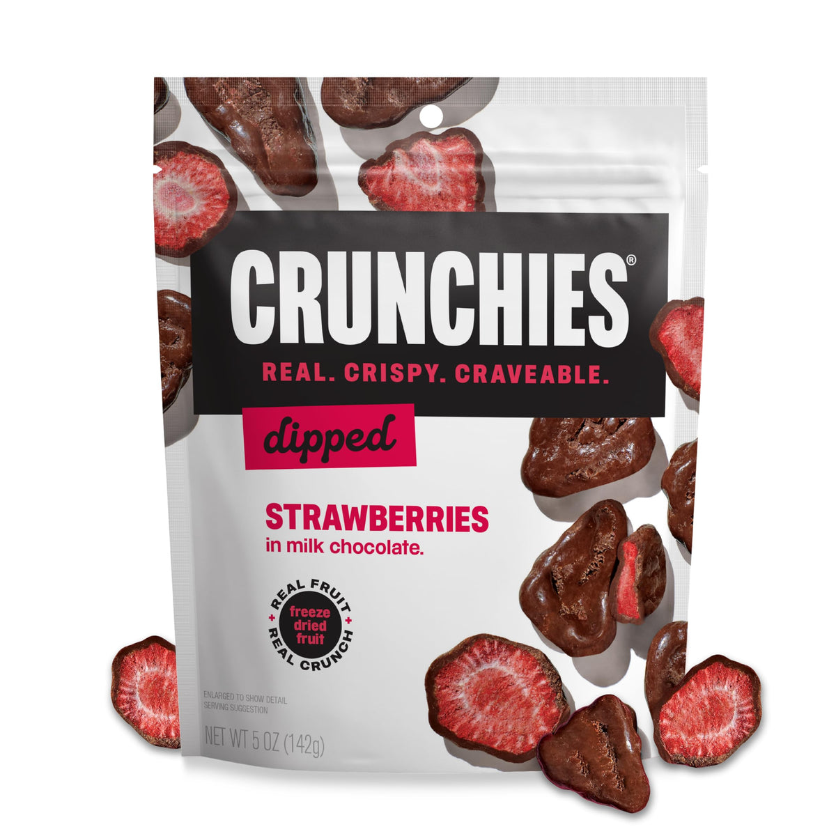 Crunchies strawberries freeze-dried fruit with chocolate coating for a crunchy, satisfying bite.