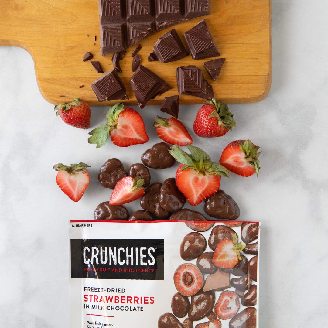 Crunchies packaging confirms kosher, non-GMO fruit snack with premium chocolate.
