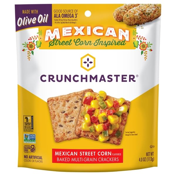 Crunchmaster Mexican Street Corn crackers, front view, crispy baked multi-grain snack great with dips.