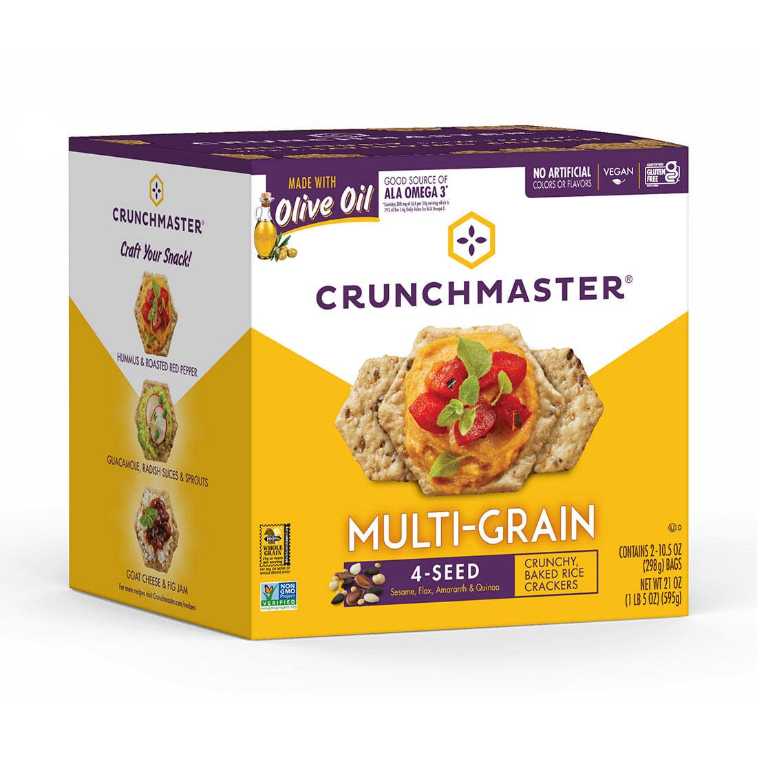 Crunchmaster multi grain cracker closeup reveals light, crispy texture for enjoyable snacking.