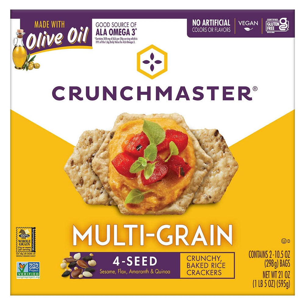 Crunchmaster Multi Grain Cracker pack 21oz on shelf, ideal for quick snacking.