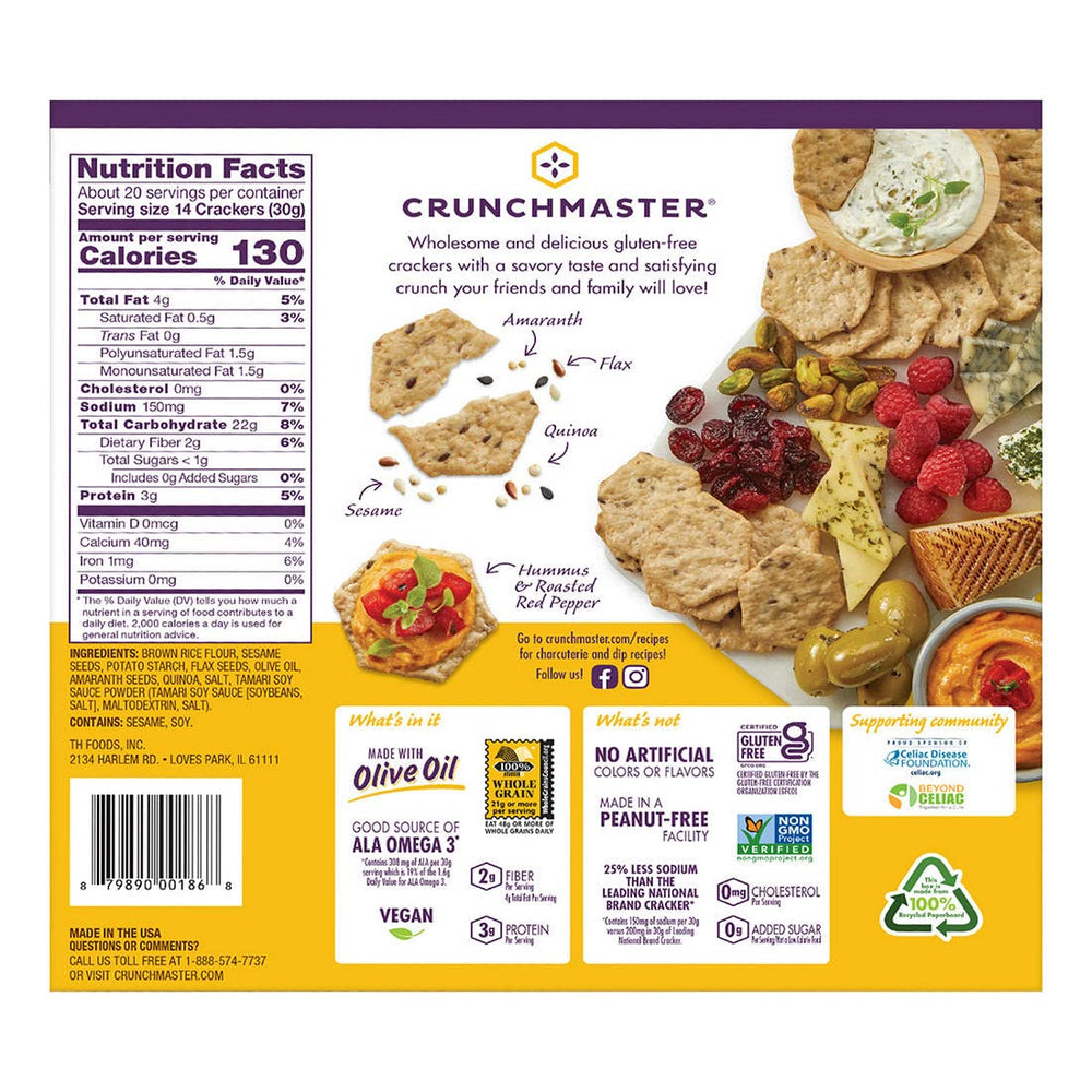 Crunchmaster Multi Grain Cracker served on a plate with toppings for easy pairing.