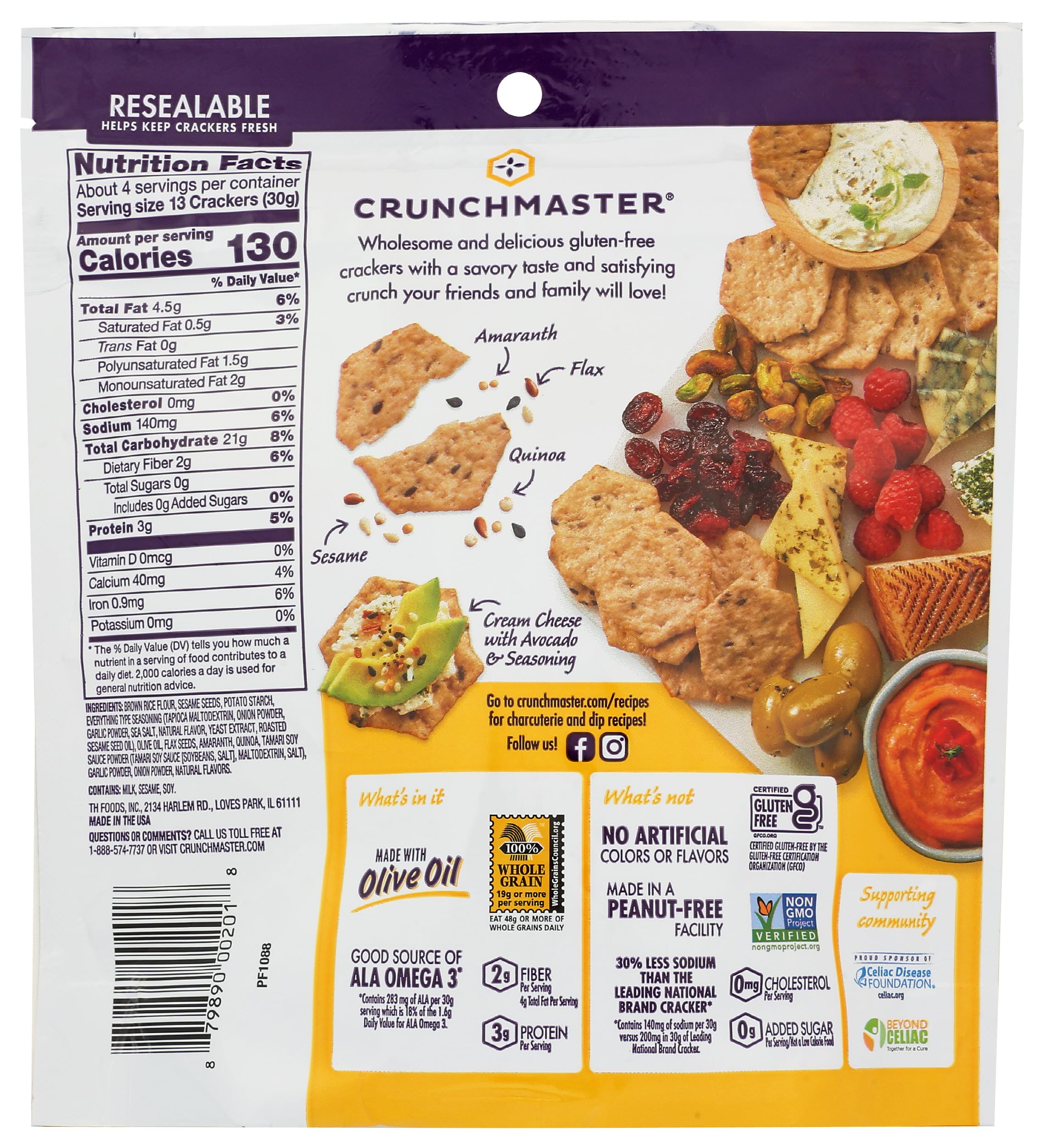 Crunchmaster crackers close-up highlighting flax and amaranth for wholesome snacking