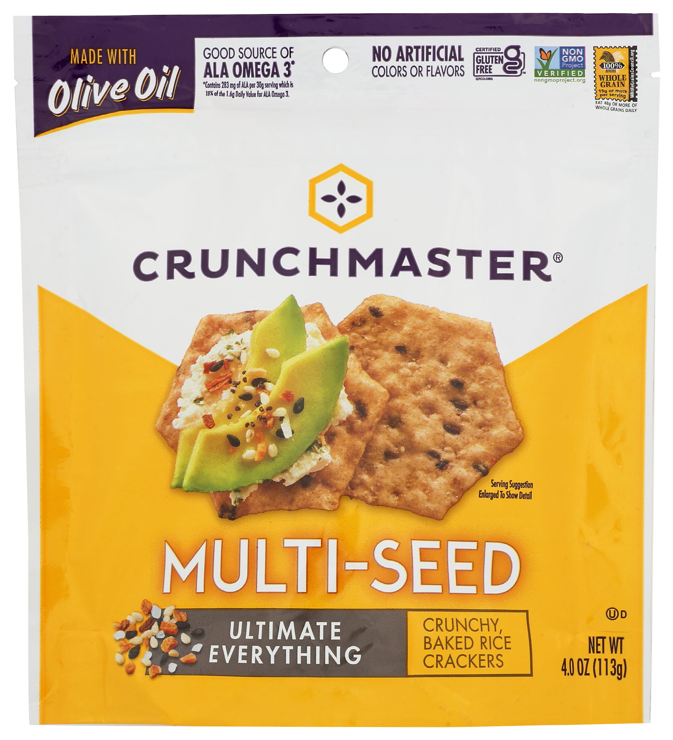 Crunchmaster Multi-Seed Crackers Ultimate Everything pack close-up showing sesame and quinoa for a savory pairing