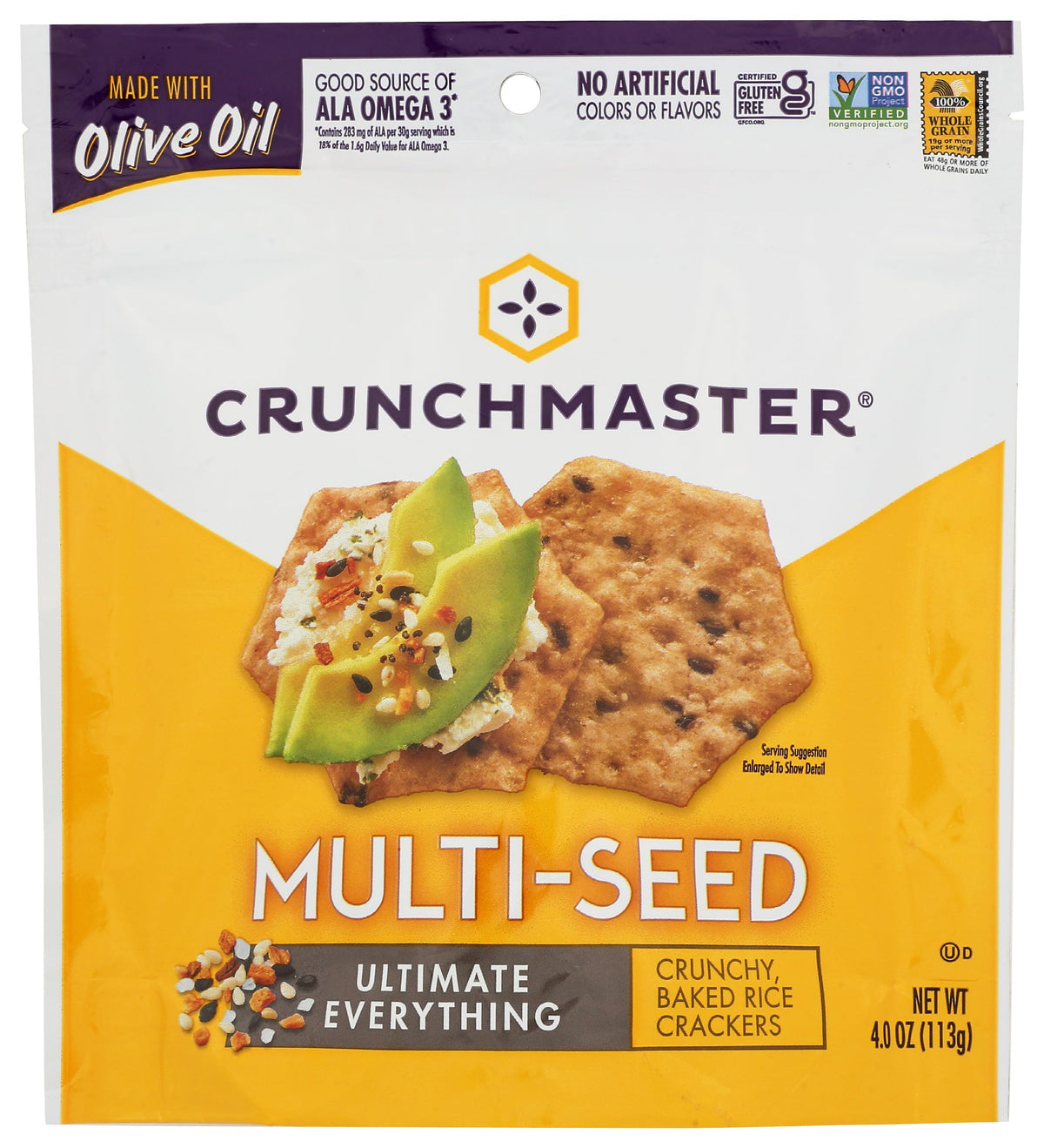 Crunchmaster Multi-Seed Crackers Ultimate Everything pack close-up showing sesame and quinoa for a savory pairing