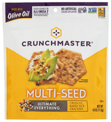 Crunchmaster Multi-Seed Crackers Ultimate Everything pack close-up showing sesame and quinoa for a savory pairing
