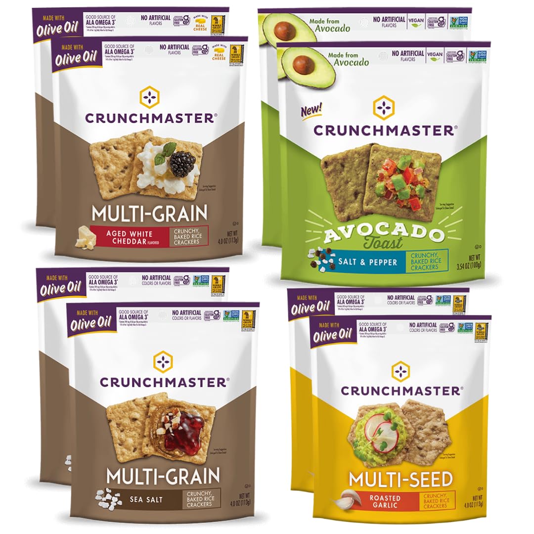 Crunchmaster multiseed roasted garlic crackers on a charcuterie board for entertaining.