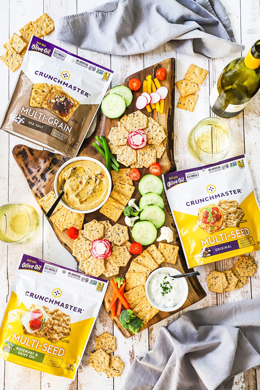 Crunchmaster sea-salt crackers paired with spreads for versatile snacking