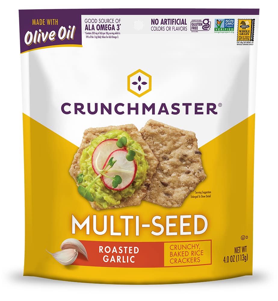 Crunchmaster roasted garlic multi-seed crackers 4 oz on a plate with savory crunch
