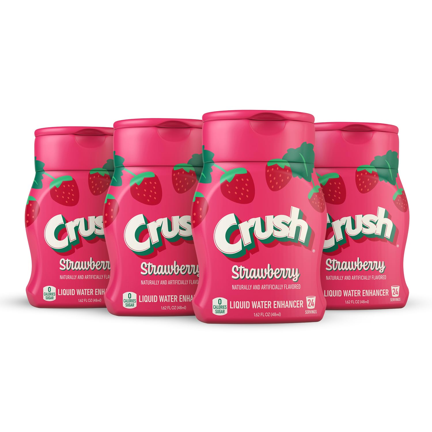 Crush Strawberry Liquid Water Enhancer bottle pouring flavor into a glass for zero sugar hydration
