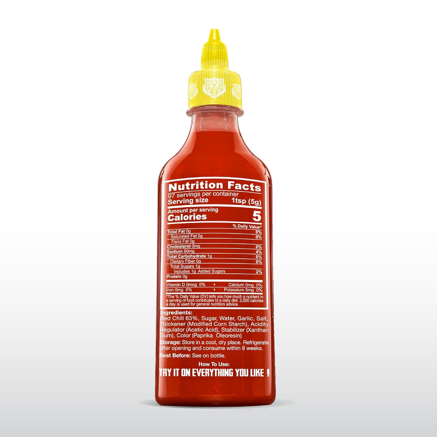 Crying Thaiger Sriracha front view highlights authentic Thai origin.