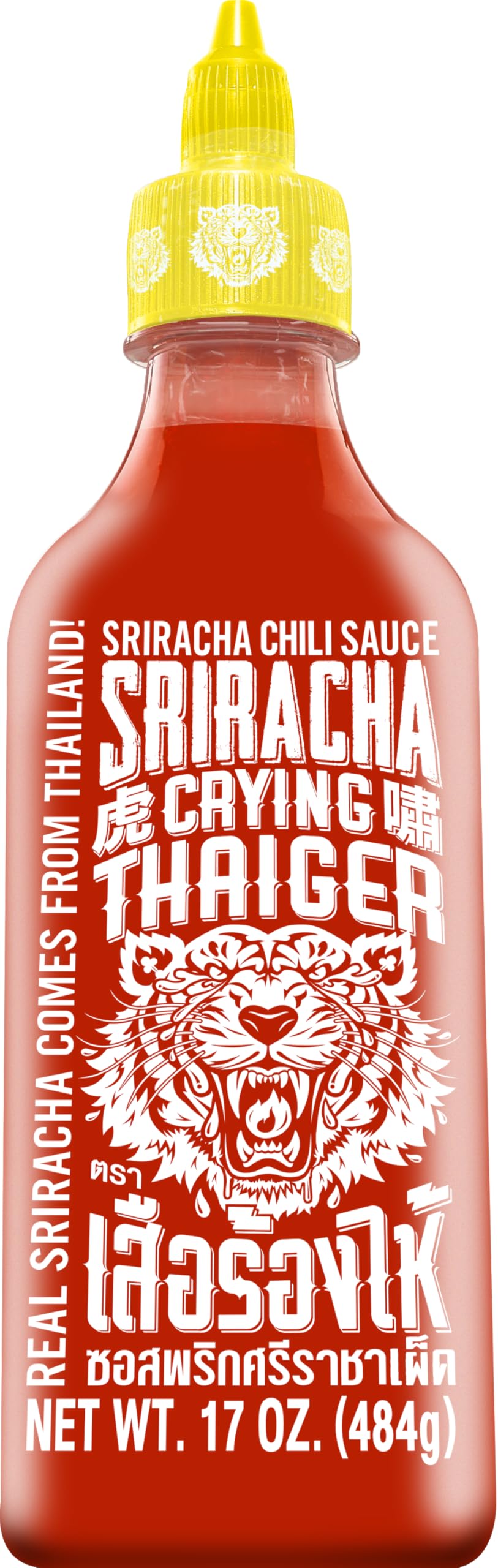 Crying Thaiger Sriracha bottle pouring to boost flavor in meals.