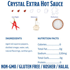 Crystal Extra Hot Sauce bottle adds bold heat for adventurous dishes.