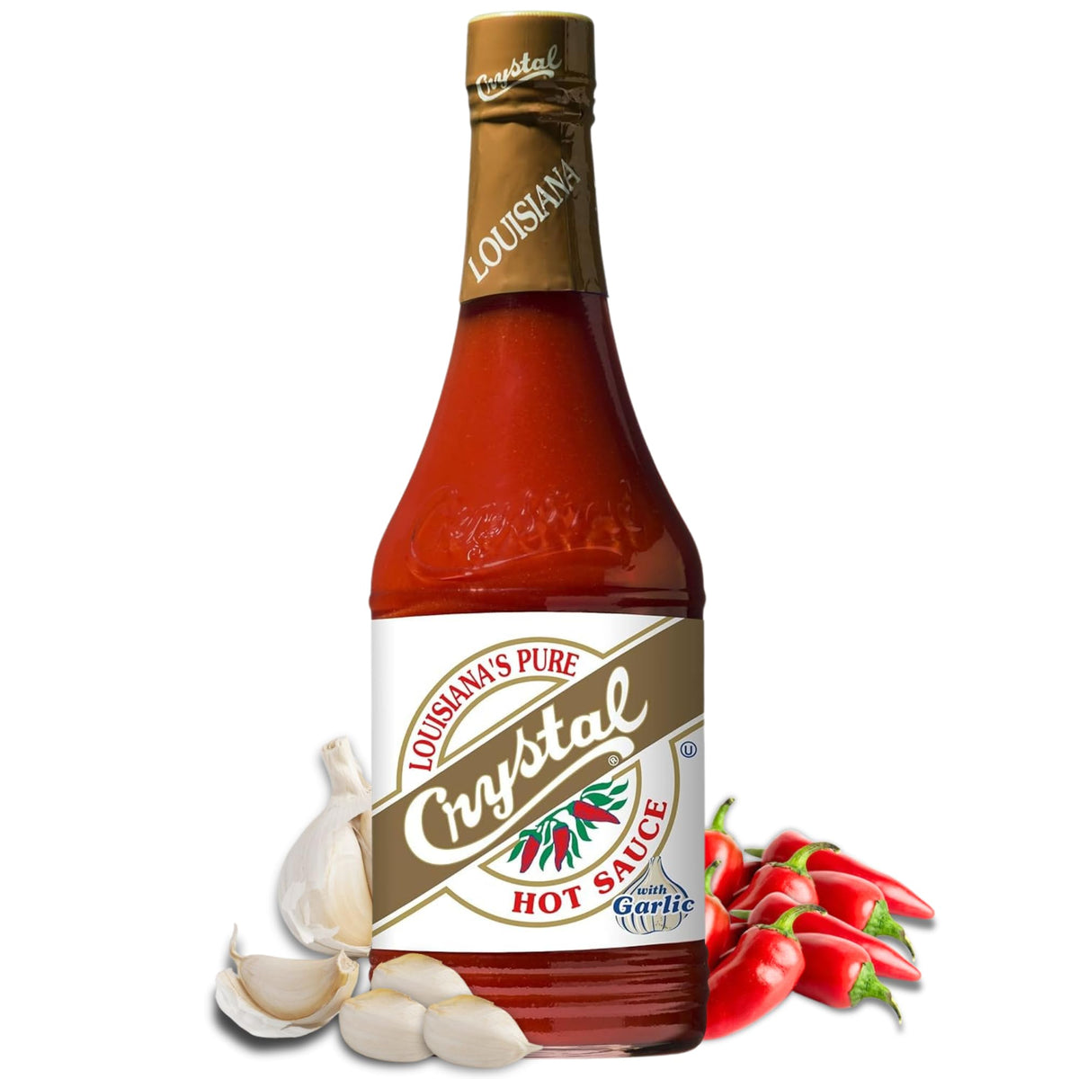 Crystal Garlic hot sauce 12oz bottle adds bold Louisiana flavor.