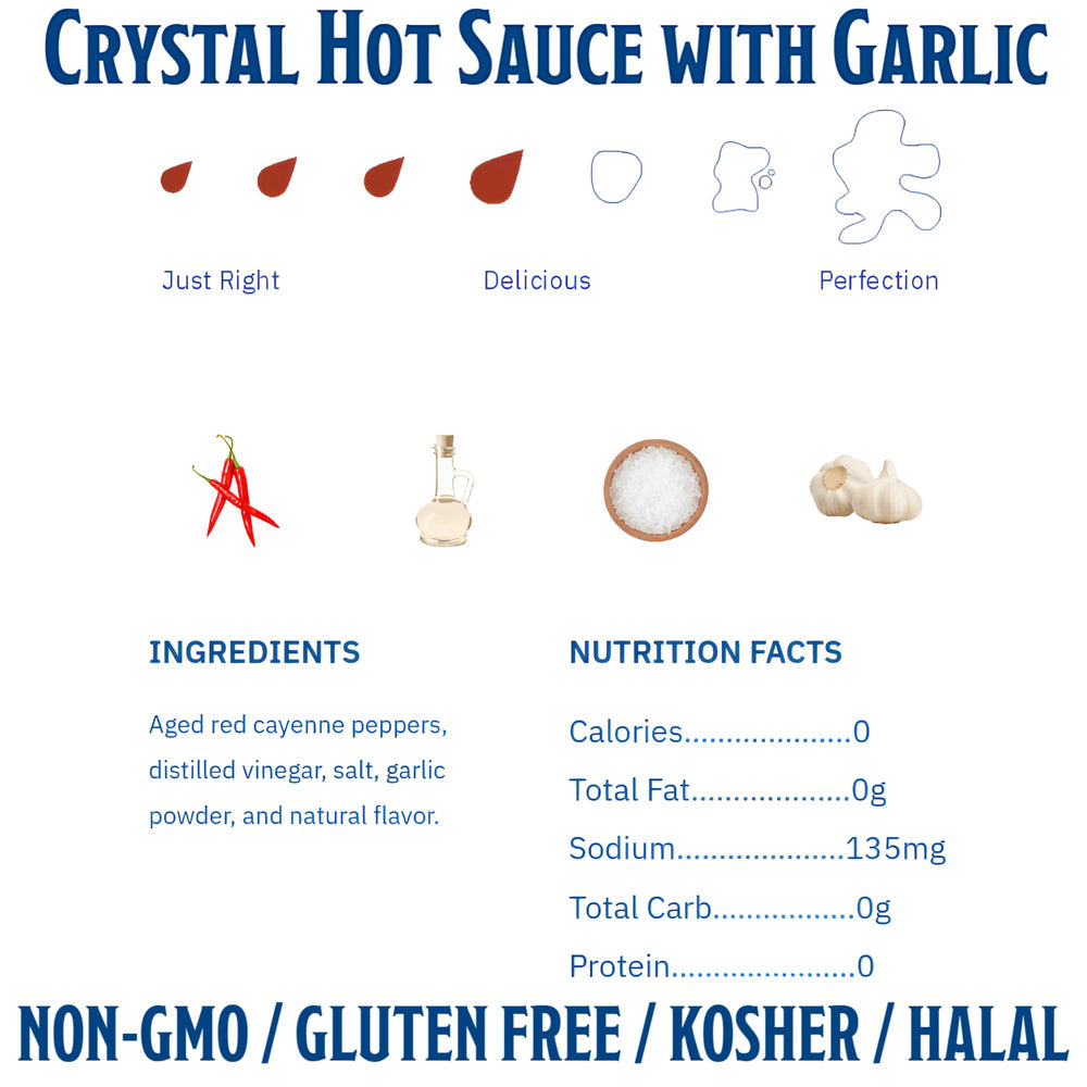 Crystal Garlic hot sauce ingredients label shows aged cayenne peppers.