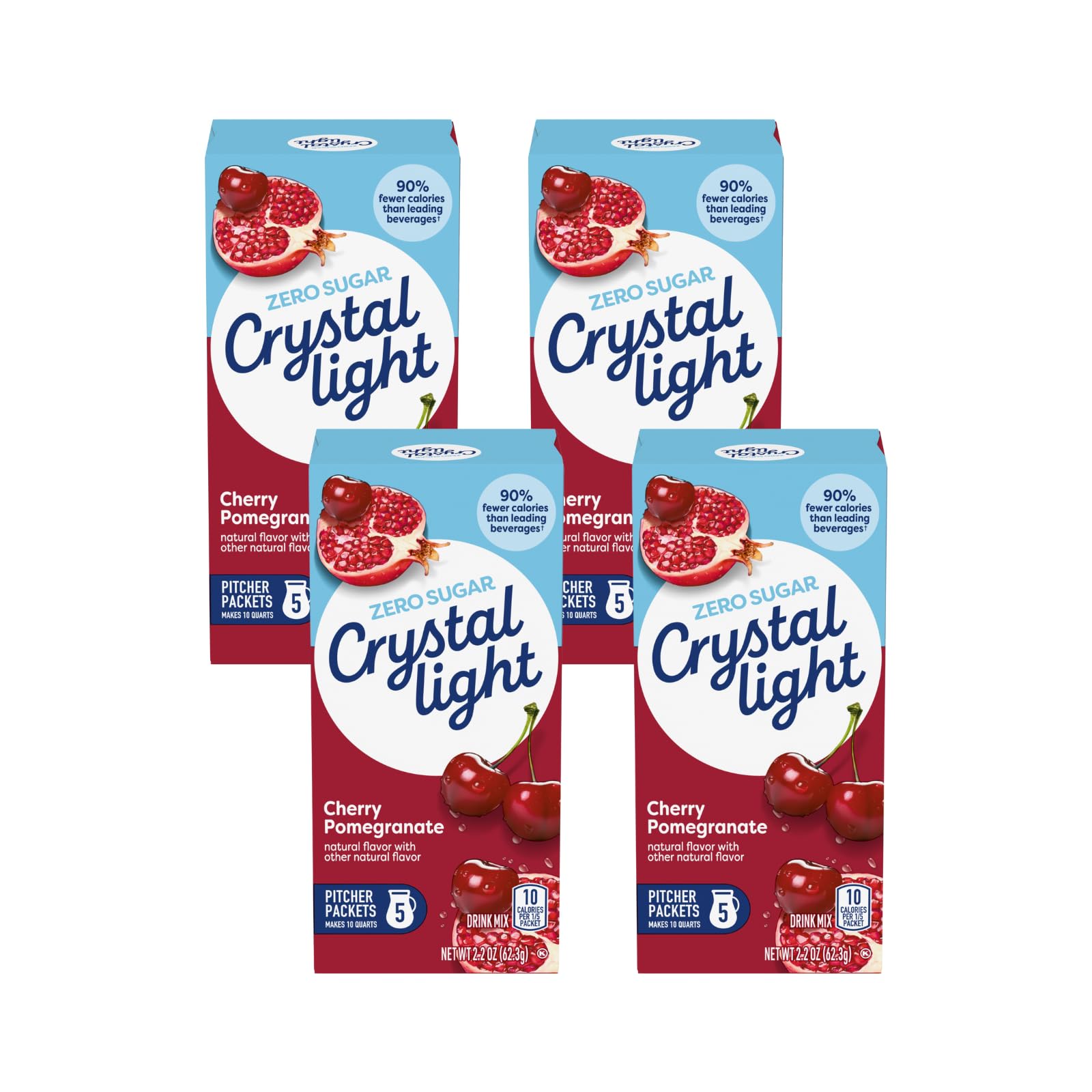Crystal Light Cherry Pomegranate canister close-up highlighting zero sugar and 10 calories per serving.