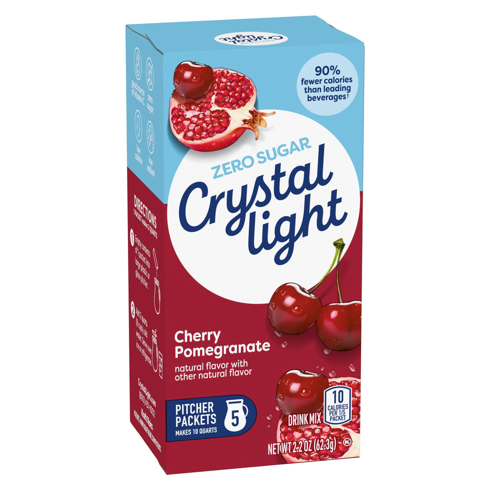 Crystal Light Cherry Pomegranate glass shows refreshing, low-calorie hydration.