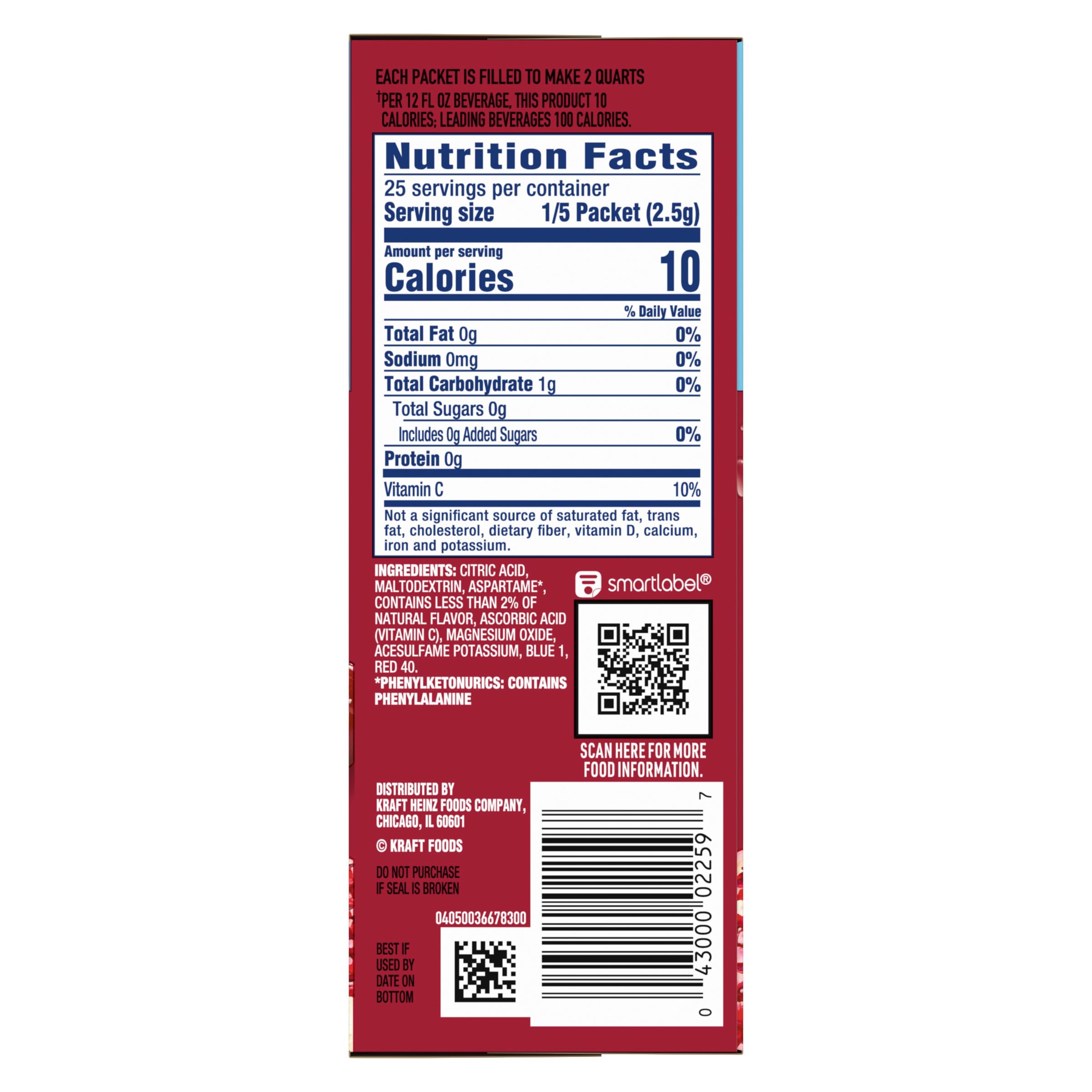 Crystal Light Cherry Pomegranate nutrition info highlights zero sugar and low calories.
