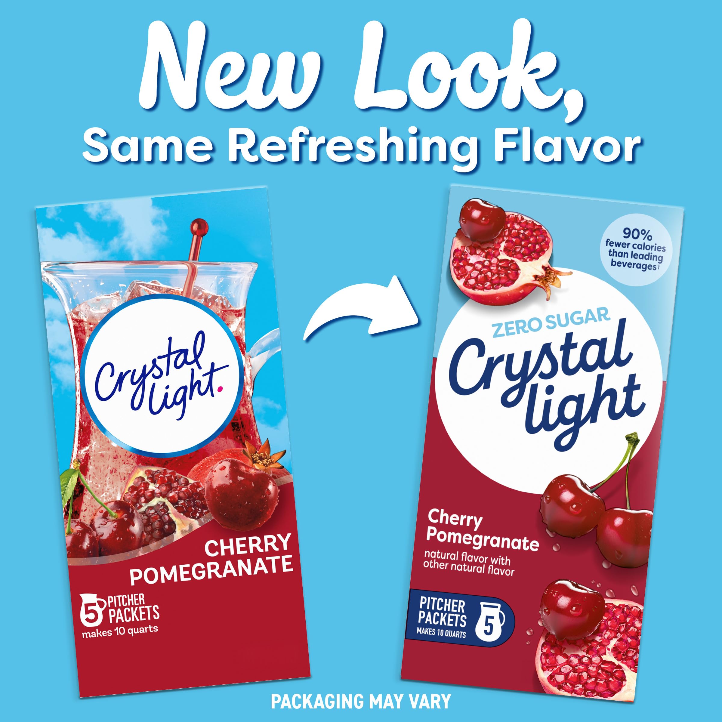 Crystal Light Cherry Pomegranate packets dissolving in water for crisp, flavorful hydration.