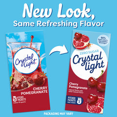 Crystal Light Cherry Pomegranate packets dissolving in water for crisp, flavorful hydration.