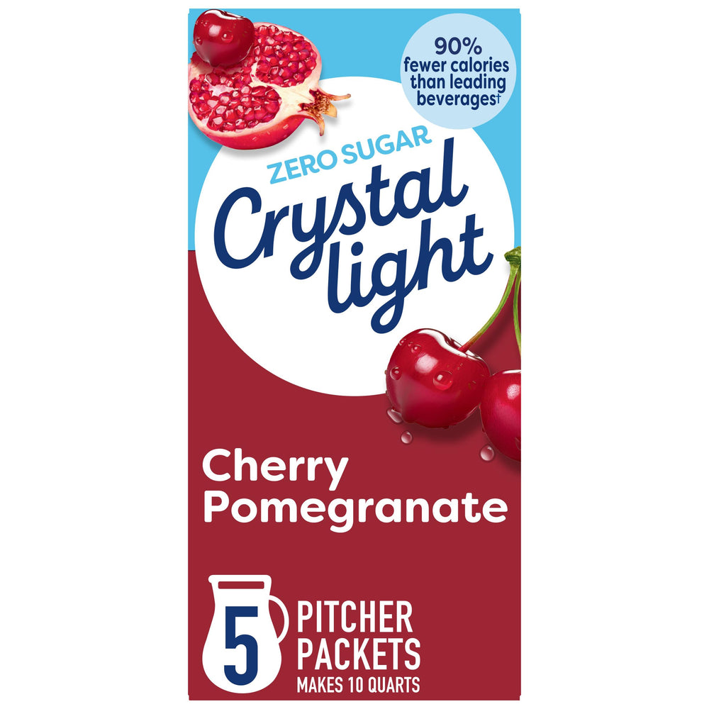 Crystal Light Cherry Pomegranate pitcher packets box shows convenient portioned hydration on the go.