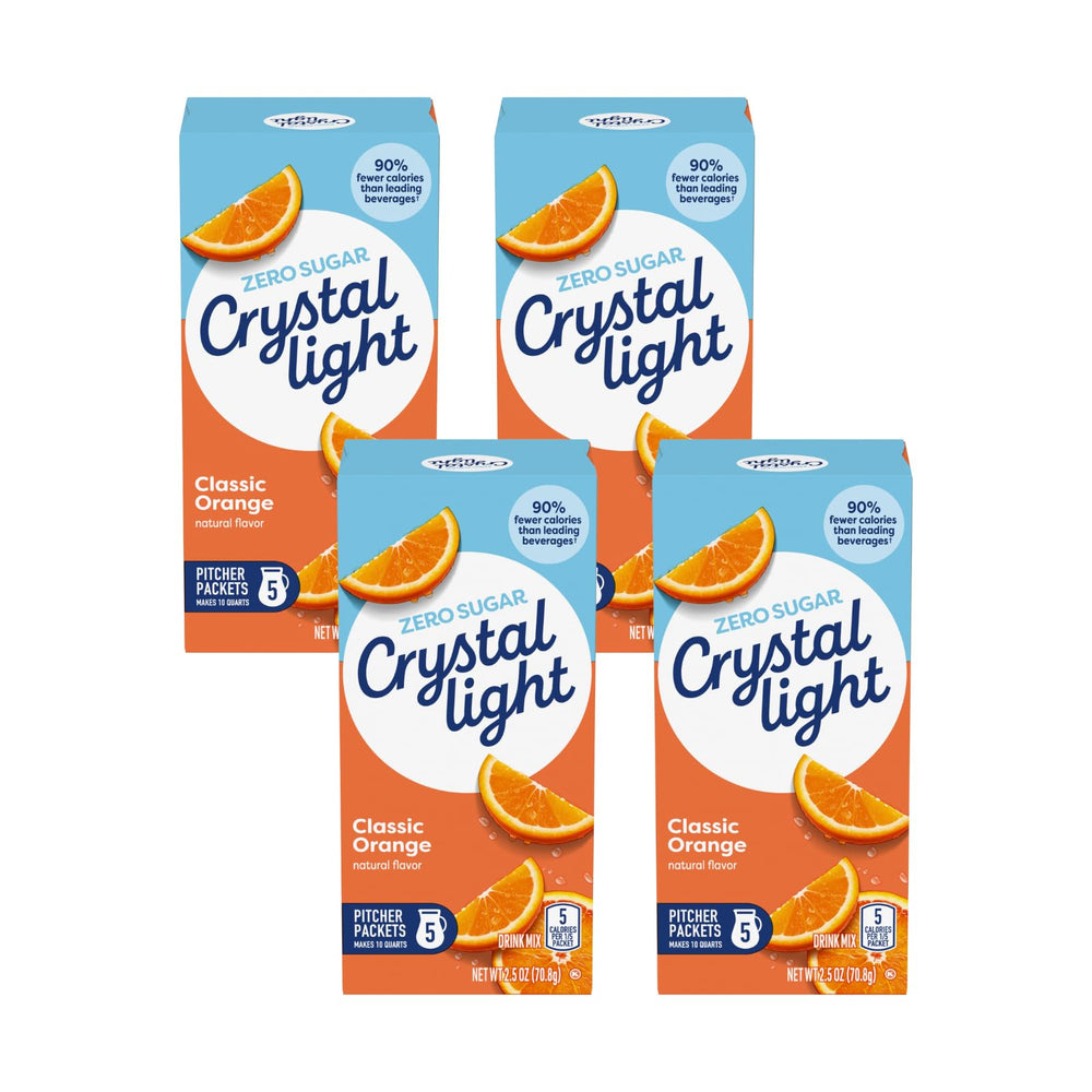 Crystal Light Classic Orange pitcher packets ready to mix for zero-sugar hydration.