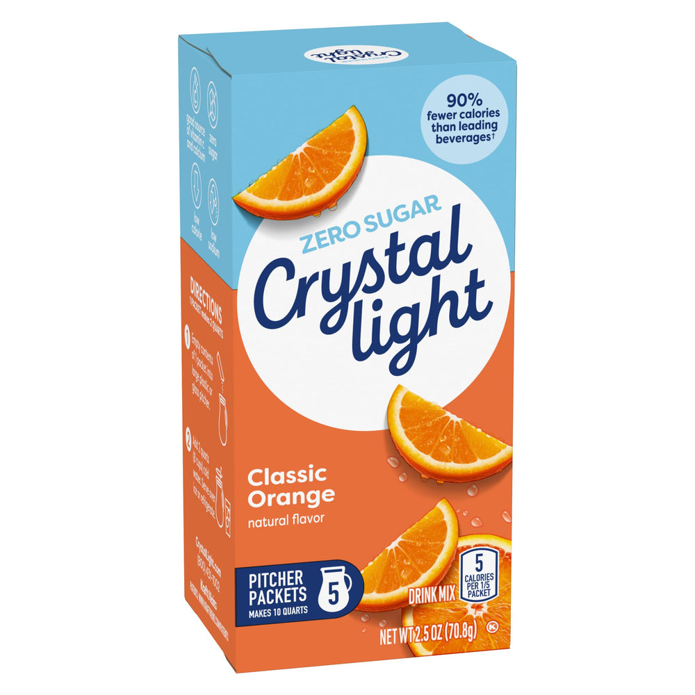 Crystal Light Classic Orange vitamin C and calcium pack highlighting added nutrients.
