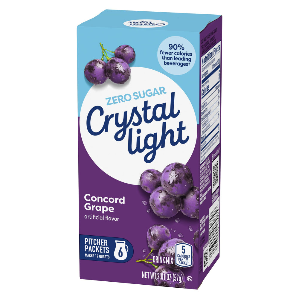 Fridge shelf with Crystal Light Concord Grape packets stored for on-hand flavor.
