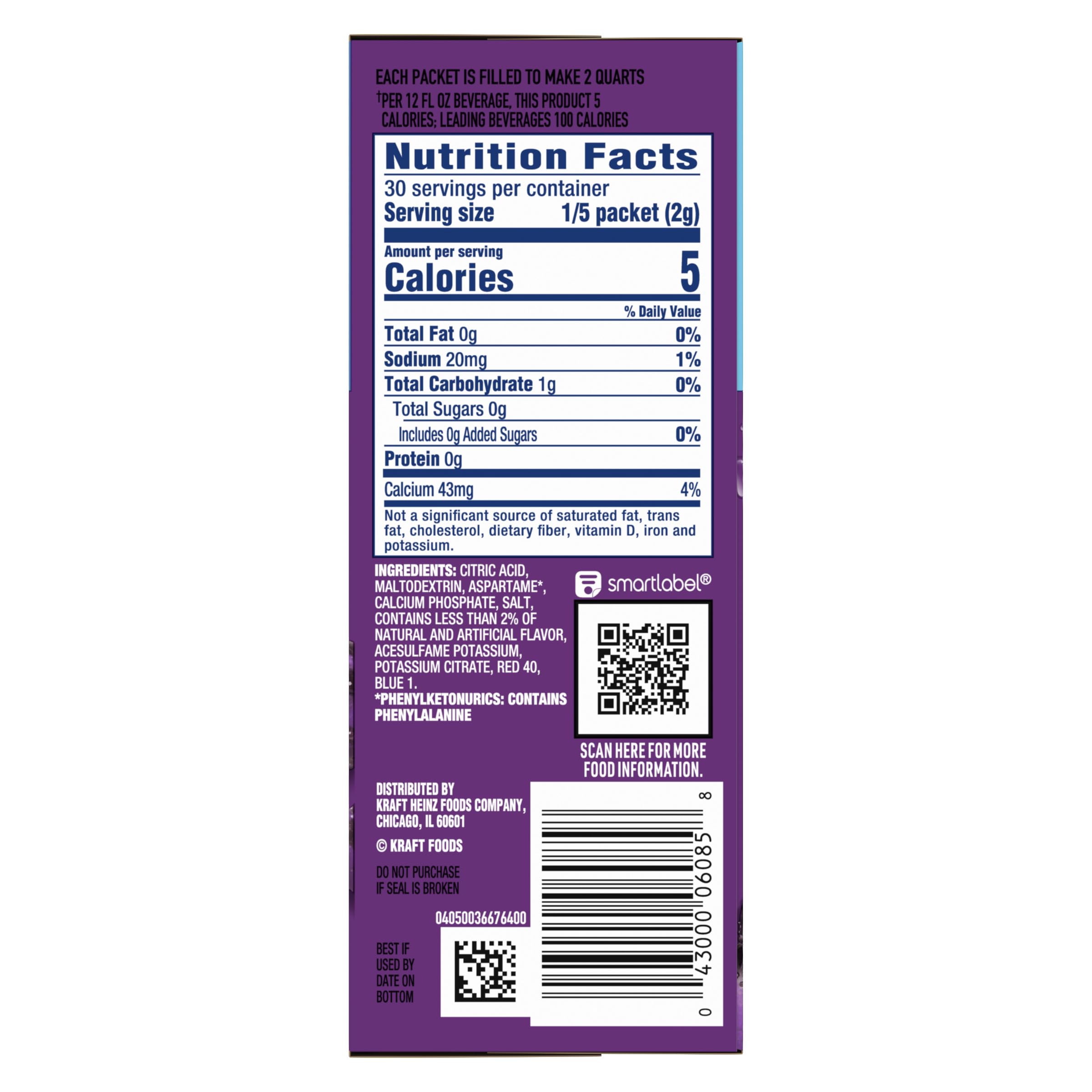 Crystal Light Concord Grape label highlighting zero sugar and 5 calories per serving.