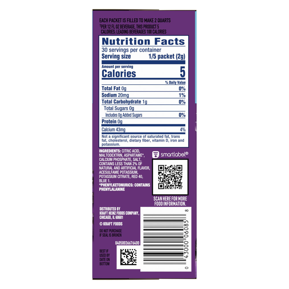 Crystal Light Concord Grape label highlighting zero sugar and 5 calories per serving.