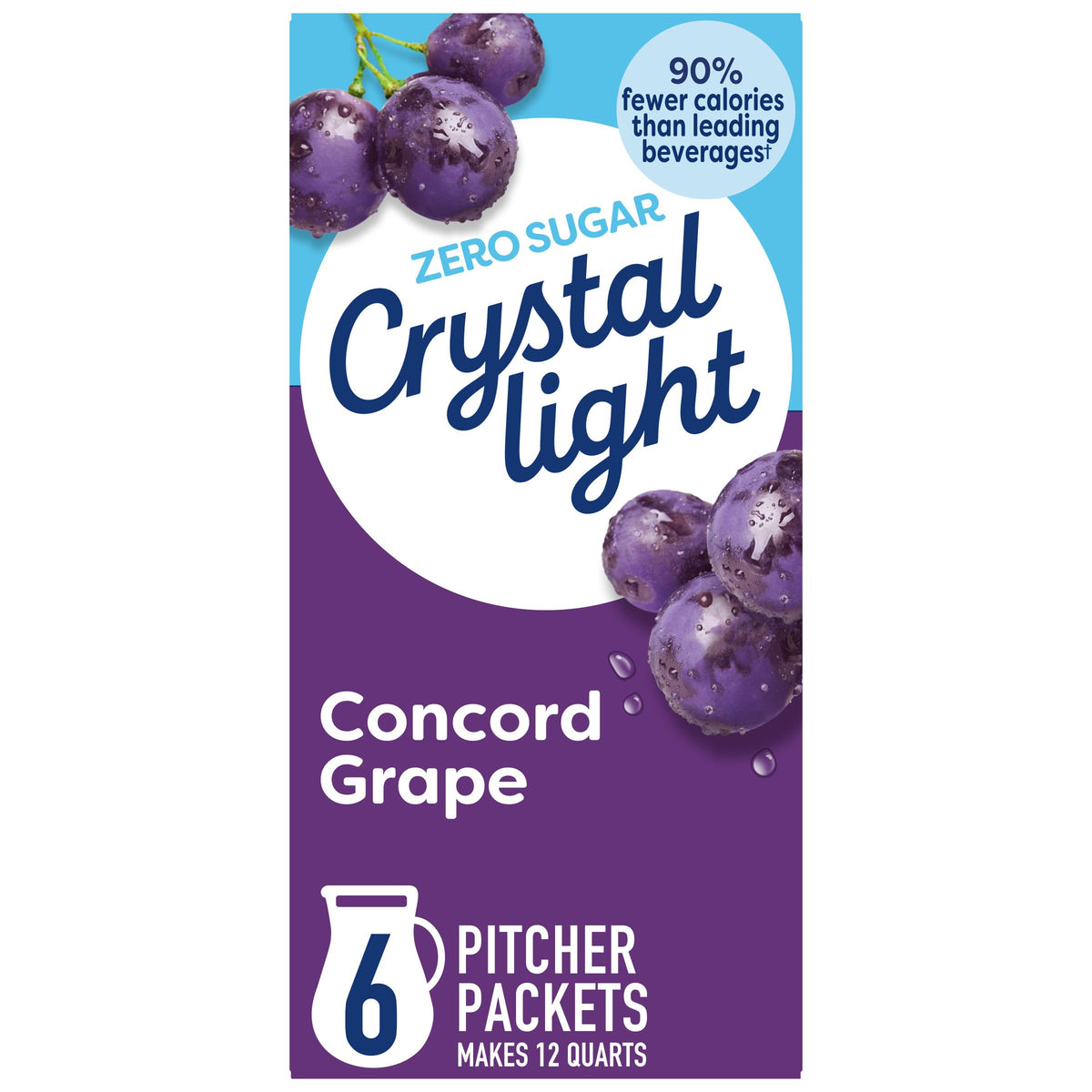 Crystal Light Concord Grape pitcher packets box on kitchen counter for easy hydration.
