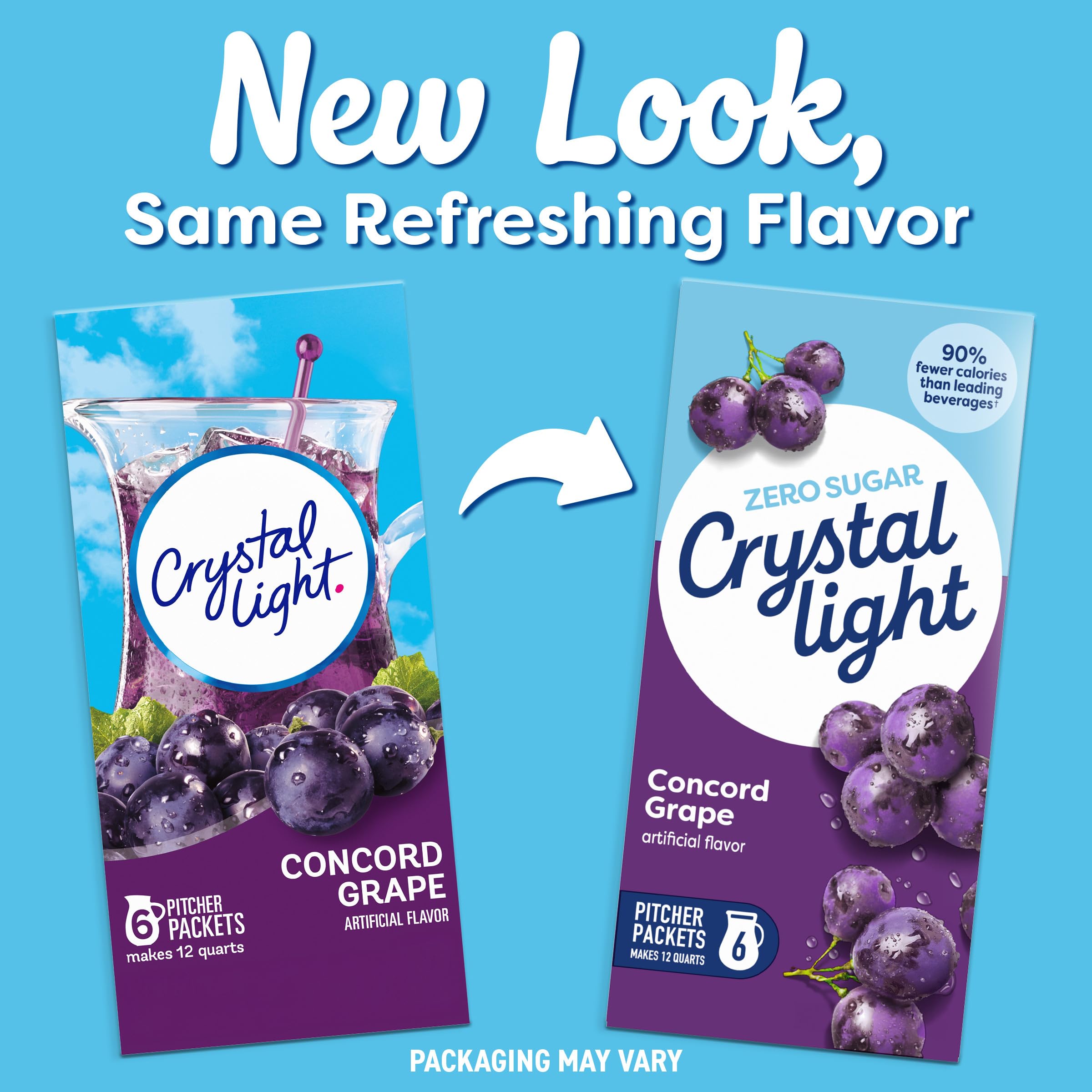 Glass of grape Crystal Light with ice, showing refreshing low-calorie flavor.