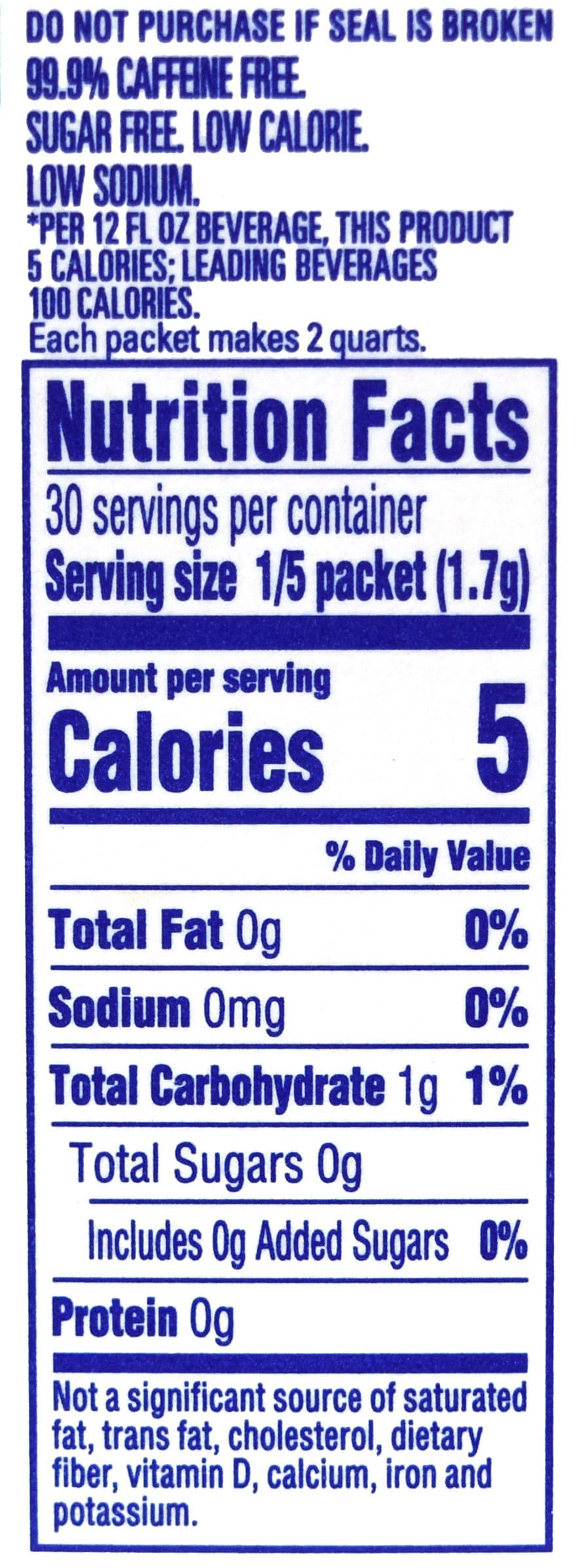 Nutrition label on Crystal Light Decaf Lemon Iced Tea highlighting gluten-free and kosher features.
