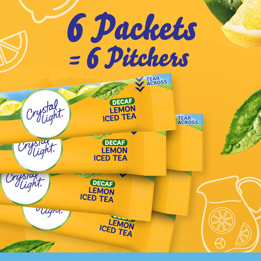 Crystal Light decaf lemon iced tea powder black tea base signals smooth taste.
