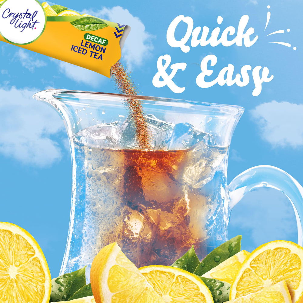 Crystal Light decaf lemon iced tea powder label highlights zero sugar and low calories.
