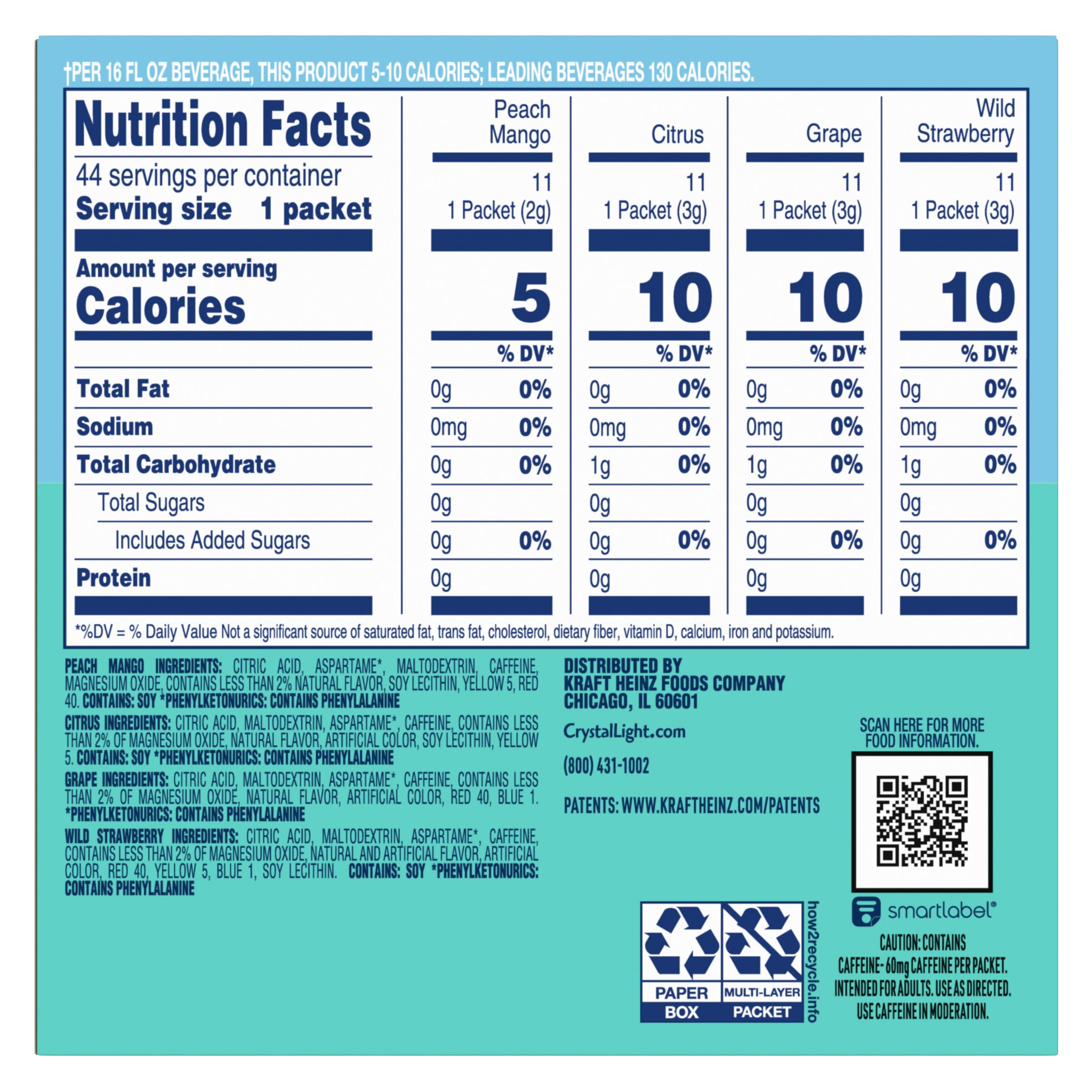Crystal Light Grape flavor packet with light calories for guilt-free sipping.