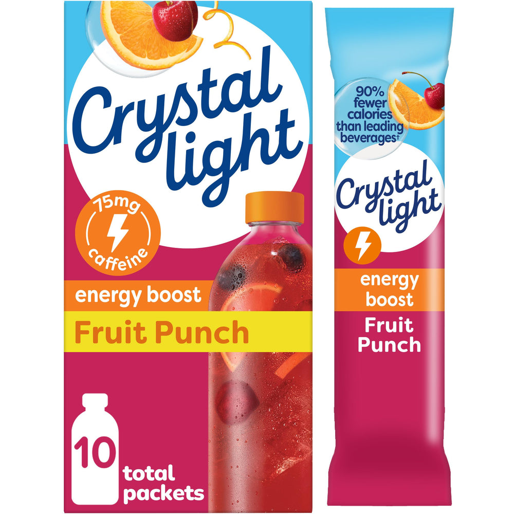 Crystal Light Energy Boost Fruit Punch packets in box, convenient on-the-go energy