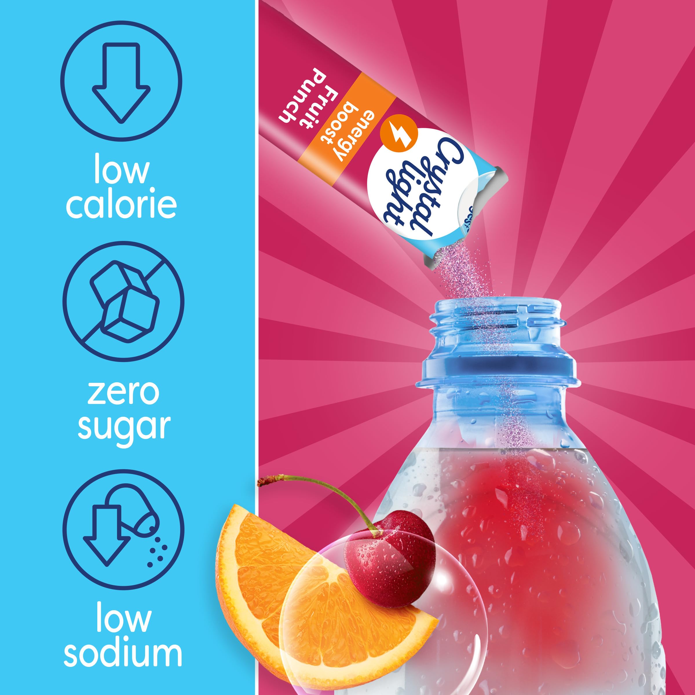 Crystal Light Energy Boost Fruit Punch packets dissolving smoothly for a crisp finish